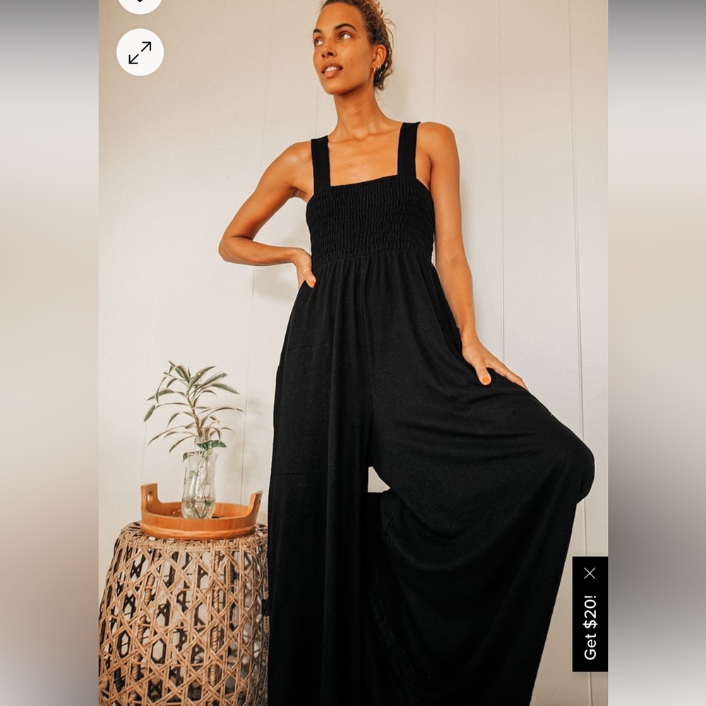 Black Smocked Wide-Leg Jumpsuit